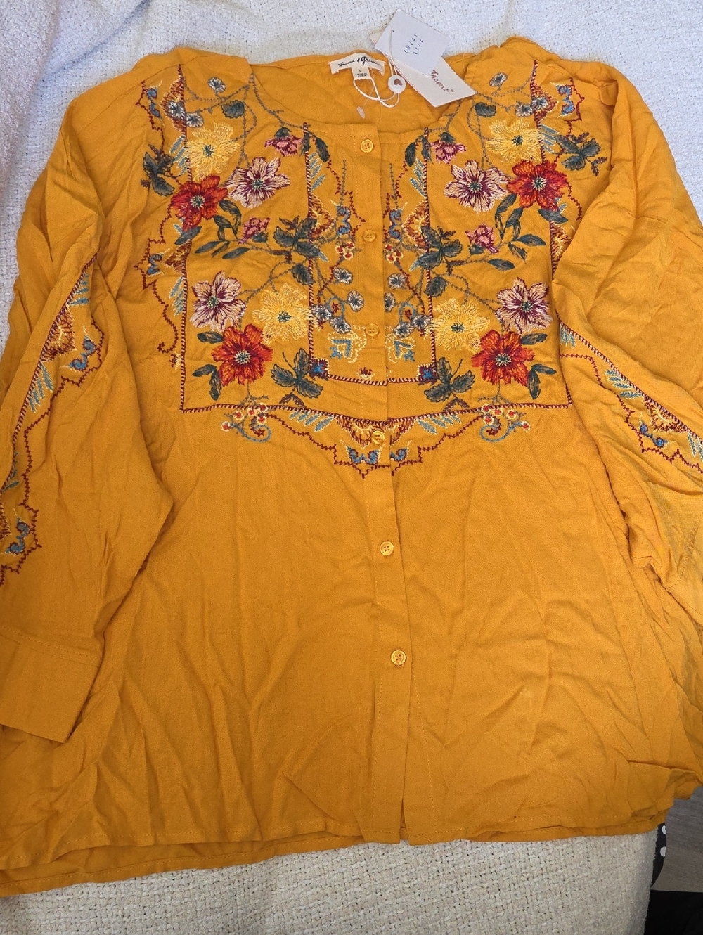 Grand & Greene Women's Mustard Color Button-Down Blouse. NWT. Large.